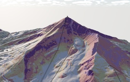 Backcountry terrain in 3D, its slopes shaded by angle